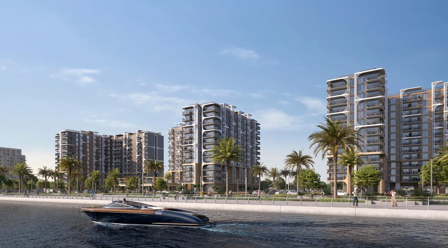 Street-level view of the Yas Living development showing building entrances, landscaping, and community-friendly design on Yas Island, Abu Dhabi