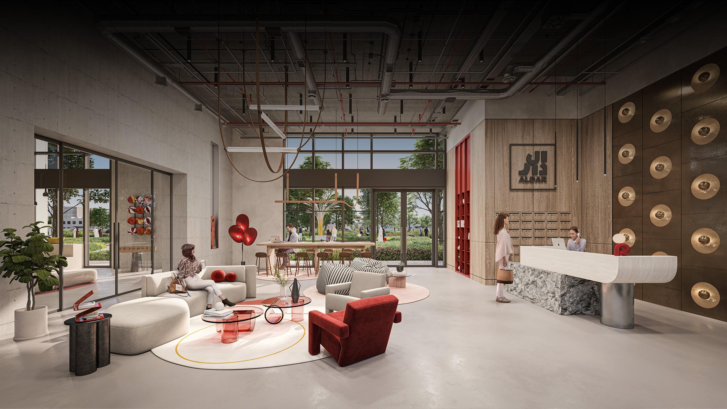 Residents interacting in communal spaces at Yas Living by Aldar, showcasing Yas Island’s vibrant lifestyle with modern amenities that foster connection, wellness, and community spirit.